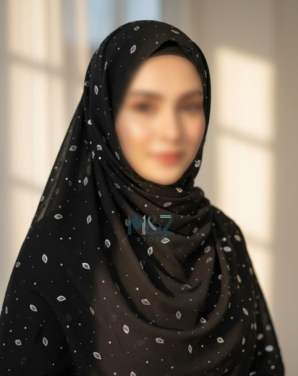 Premium Georgette Hijab with Silver Leaf Foil Print – Soft, Elegant & Lightweight | Casual & Formal Wear 14