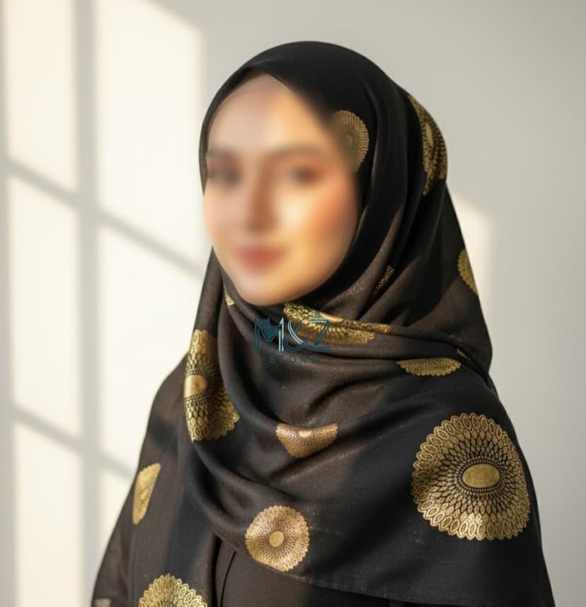 Premium Lawn Hijab With Golden Block Print Black Color– Casual & Formal Wear ---